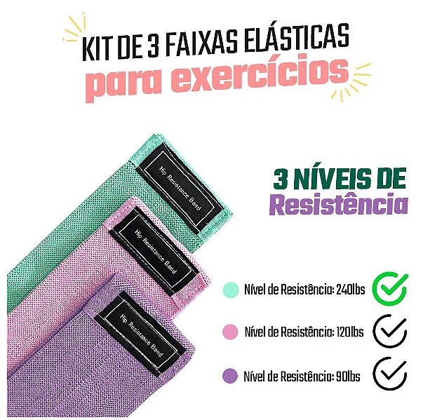 Kit de 3 Faixas Elásticas para Exercícios com 3 Níveis de Resistência